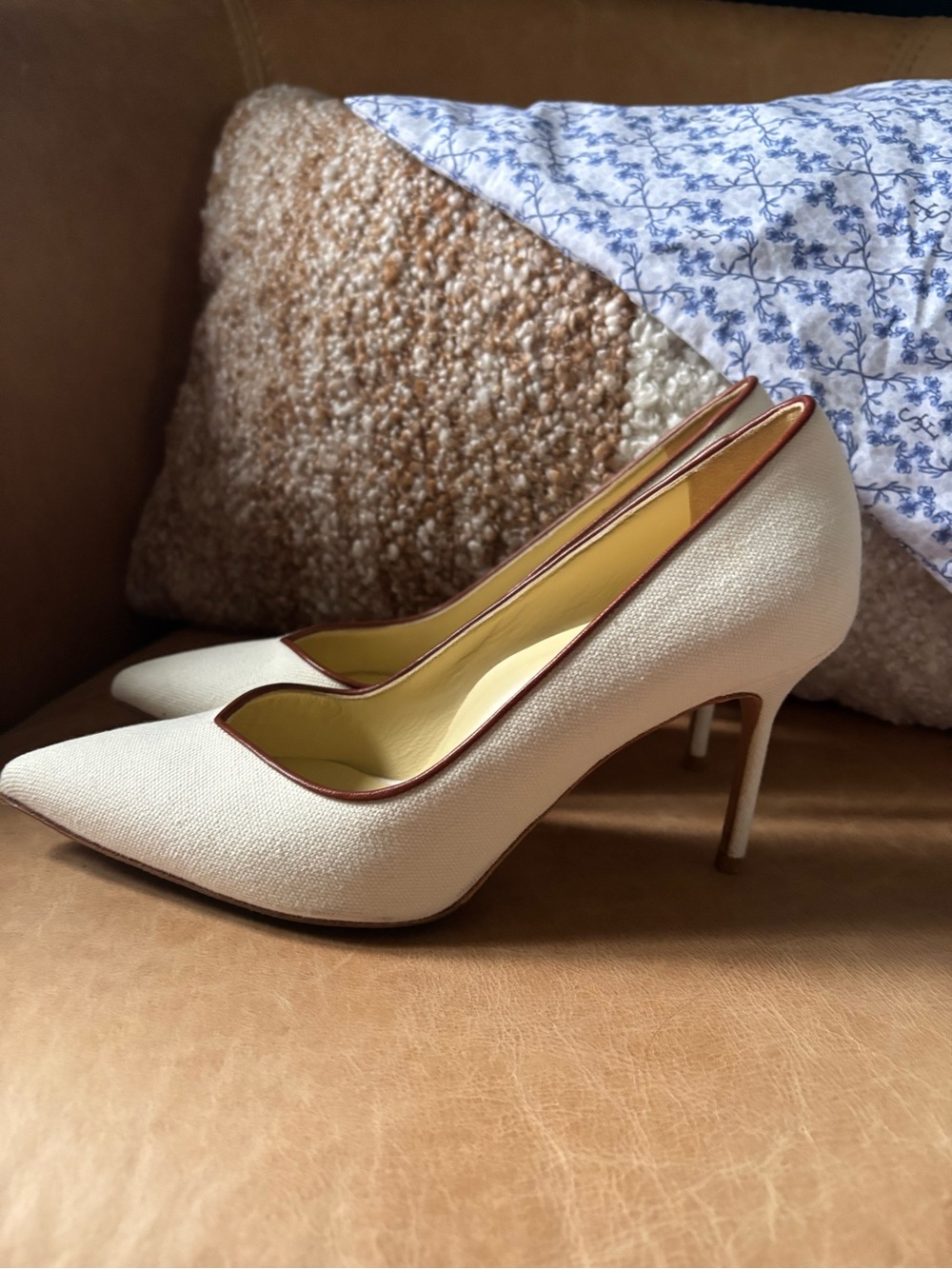Sarah Flint Ivory Pointed-Toe Pumps with Brown Trim - Picture 3 of 5